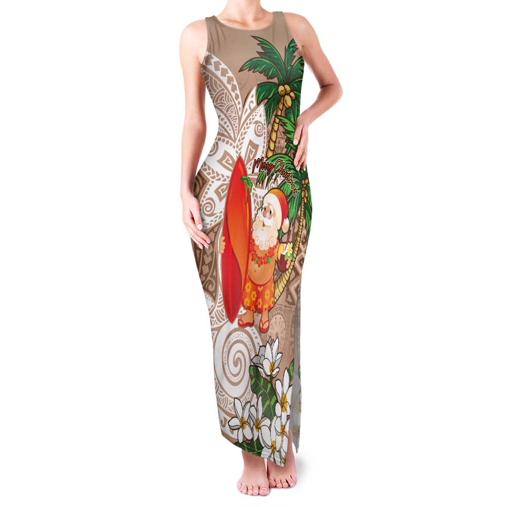 Polynesian Family Matching Tank Maxi Dress and Hawaiian Shirt Tropical Santa - Plumeria Beige Vintage