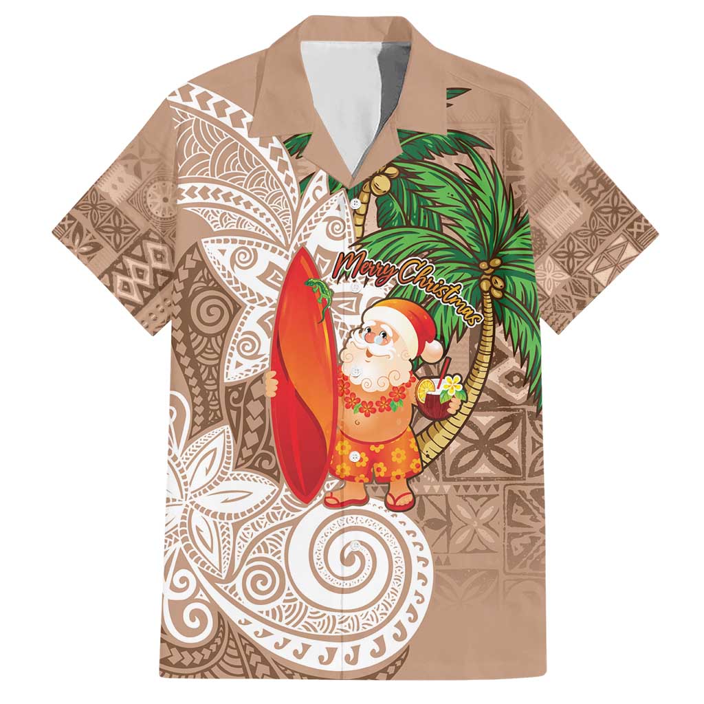 Polynesian Hawaiian Shirt Tropical Santa - Plumeria Beige Vintage