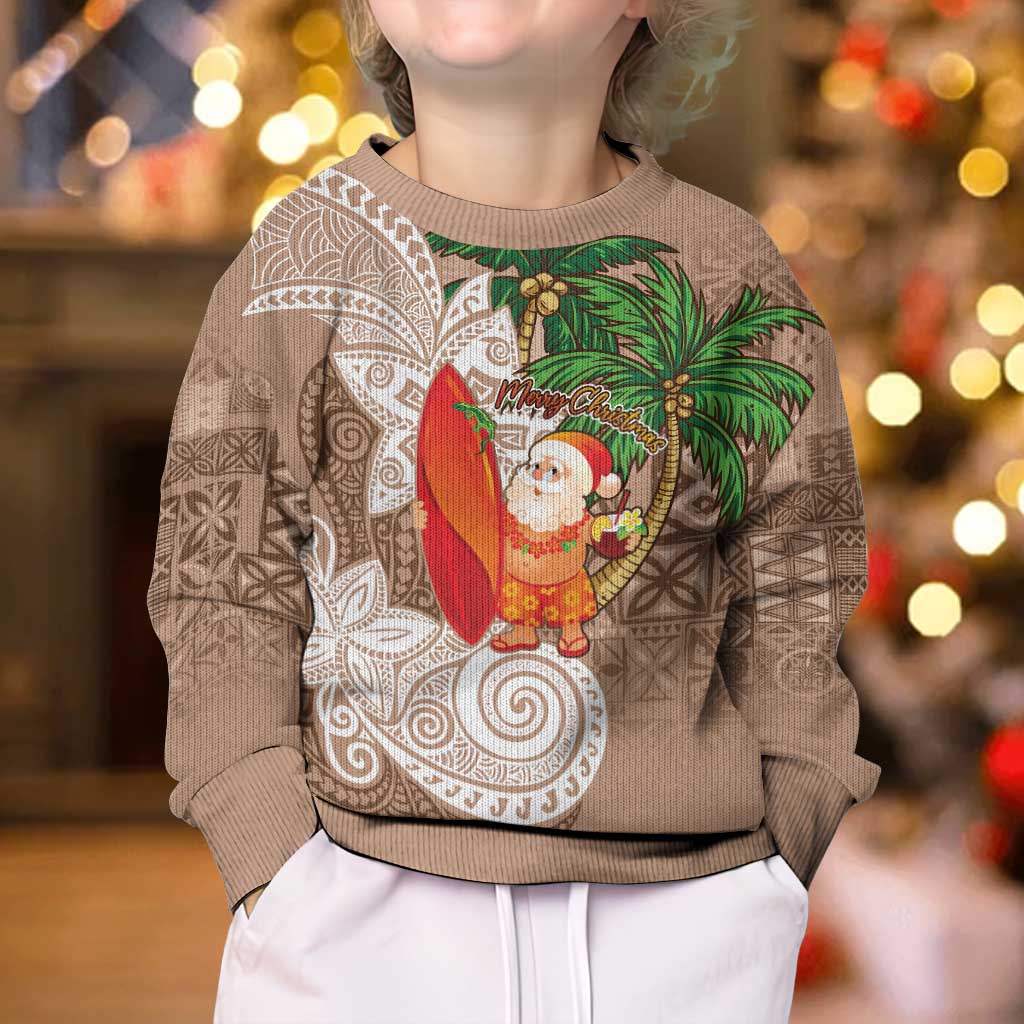 Polynesian Kid Ugly Christmas Sweater Tropical Santa - Plumeria Beige Vintage