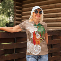 Polynesian Women Polo Shirt Tropical Santa - Plumeria Beige Vintage