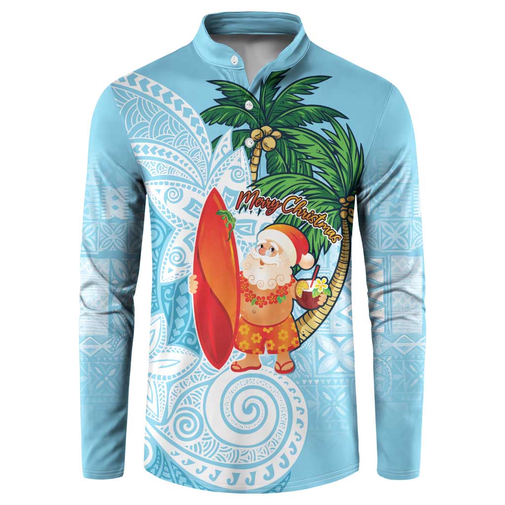 Polynesian Button Sweatshirt Tropical Santa - Plumeria Turquoise Vintage