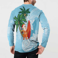Polynesian Button Sweatshirt Tropical Santa - Plumeria Turquoise Vintage