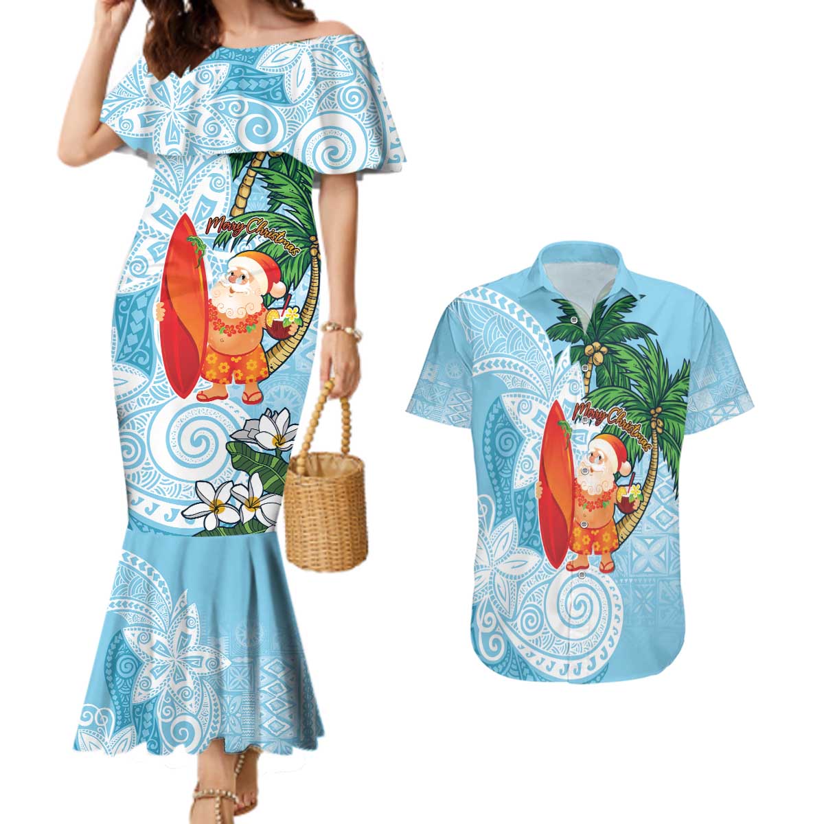 Polynesian Couples Matching Mermaid Dress and Hawaiian Shirt Tropical Santa - Plumeria Turquoise Vintage