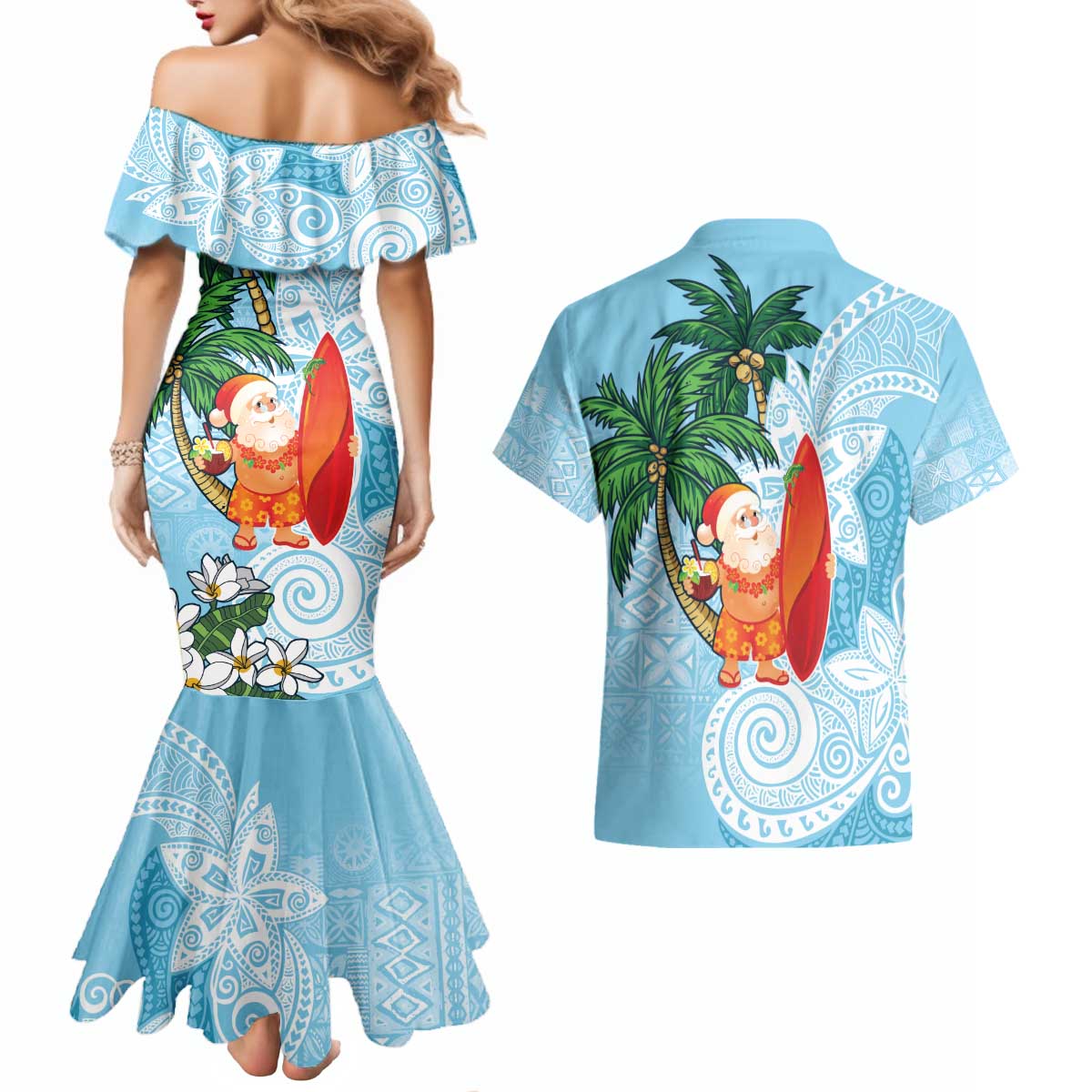 Polynesian Couples Matching Mermaid Dress and Hawaiian Shirt Tropical Santa - Plumeria Turquoise Vintage LT7 - Polynesian Pride