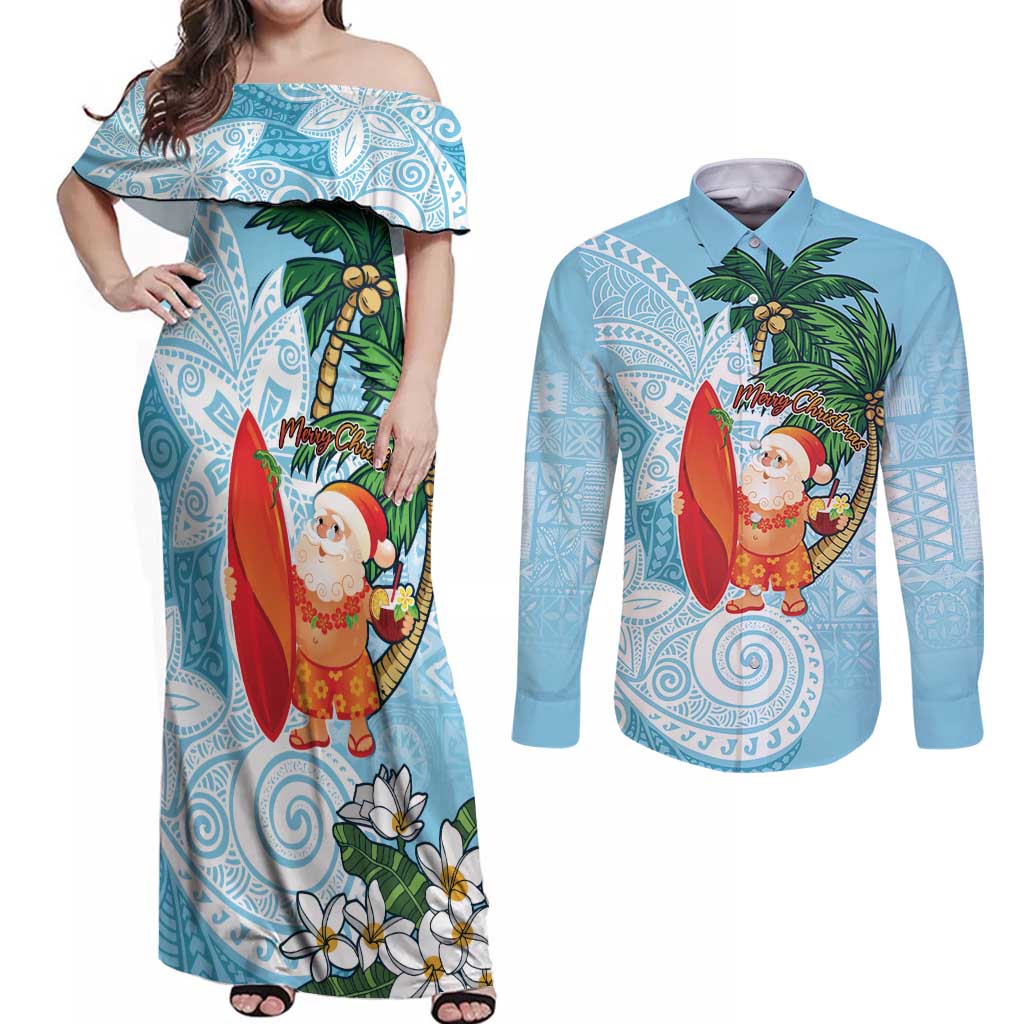 Polynesian Couples Matching Off Shoulder Maxi Dress and Long Sleeve Button Shirt Tropical Santa - Plumeria Turquoise Vintage LT7 Turquoise - Polynesian Pride
