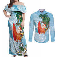 Polynesian Couples Matching Off Shoulder Maxi Dress and Long Sleeve Button Shirt Tropical Santa - Plumeria Turquoise Vintage LT7 Turquoise - Polynesian Pride