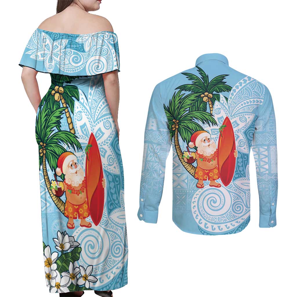 Polynesian Couples Matching Off Shoulder Maxi Dress and Long Sleeve Button Shirt Tropical Santa - Plumeria Turquoise Vintage LT7 - Polynesian Pride
