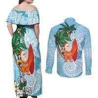 Polynesian Couples Matching Off Shoulder Maxi Dress and Long Sleeve Button Shirt Tropical Santa - Plumeria Turquoise Vintage LT7 - Polynesian Pride