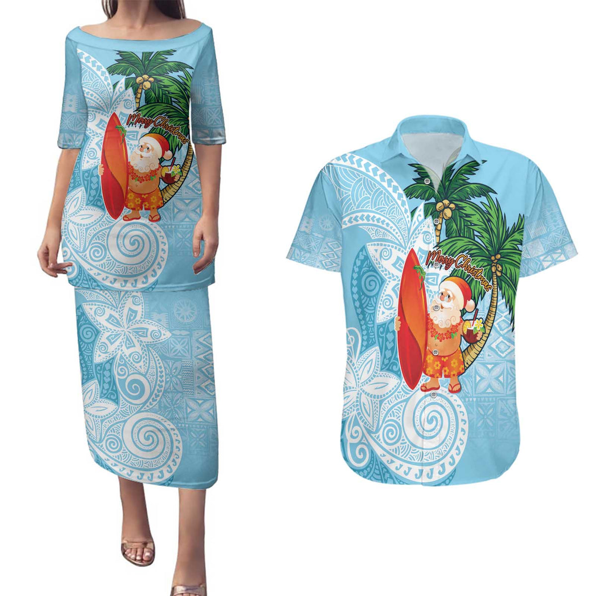 Polynesian Couples Matching Puletasi and Hawaiian Shirt Tropical Santa - Plumeria Turquoise Vintage LT7 Turquoise - Polynesian Pride