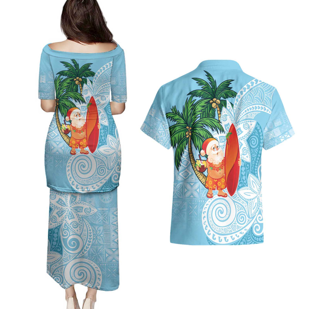 Polynesian Couples Matching Puletasi and Hawaiian Shirt Tropical Santa - Plumeria Turquoise Vintage LT7 - Polynesian Pride