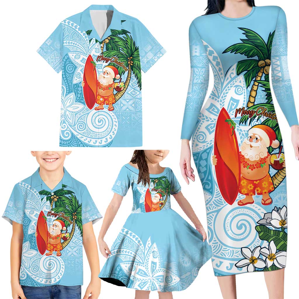 Polynesian Family Matching Long Sleeve Bodycon Dress and Hawaiian Shirt Tropical Santa - Plumeria Turquoise Vintage LT7 - Polynesian Pride