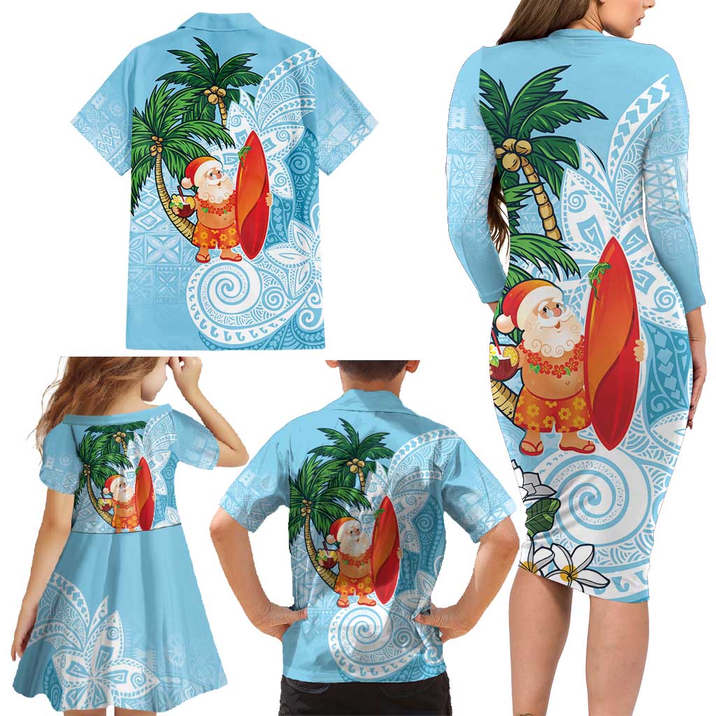 Polynesian Family Matching Long Sleeve Bodycon Dress and Hawaiian Shirt Tropical Santa - Plumeria Turquoise Vintage LT7 - Polynesian Pride