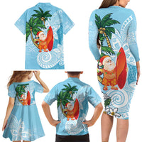 Polynesian Family Matching Long Sleeve Bodycon Dress and Hawaiian Shirt Tropical Santa - Plumeria Turquoise Vintage LT7 - Polynesian Pride