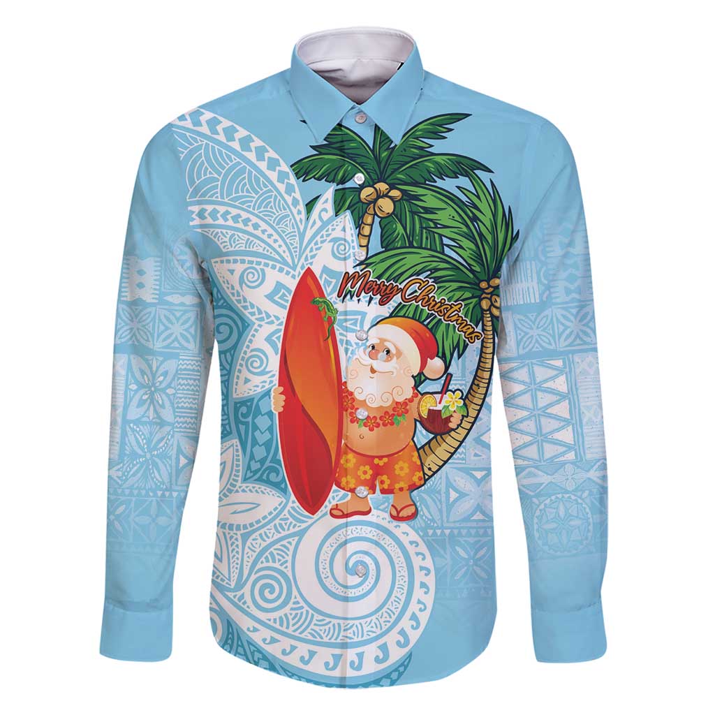 Polynesian Family Matching Long Sleeve Bodycon Dress and Hawaiian Shirt Tropical Santa - Plumeria Turquoise Vintage LT7 Dad's Shirt - Long Sleeve Turquoise - Polynesian Pride