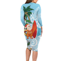 Polynesian Family Matching Long Sleeve Bodycon Dress and Hawaiian Shirt Tropical Santa - Plumeria Turquoise Vintage LT7 - Polynesian Pride