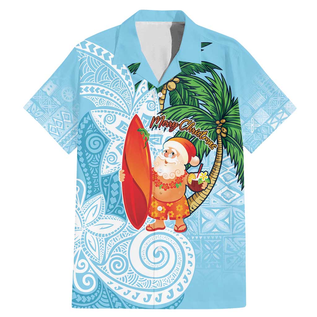 Polynesian Family Matching Mermaid Dress and Hawaiian Shirt Tropical Santa - Plumeria Turquoise Vintage LT7 Dad's Shirt - Short Sleeve Turquoise - Polynesian Pride