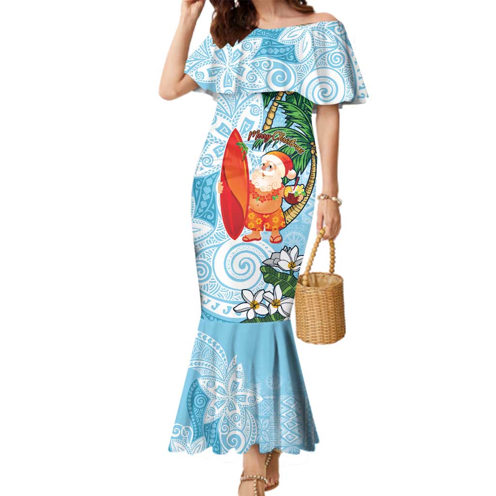 Polynesian Family Matching Mermaid Dress and Hawaiian Shirt Tropical Santa - Plumeria Turquoise Vintage LT7 Mom's Dress Turquoise - Polynesian Pride