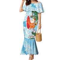Polynesian Family Matching Mermaid Dress and Hawaiian Shirt Tropical Santa - Plumeria Turquoise Vintage LT7 Mom's Dress Turquoise - Polynesian Pride