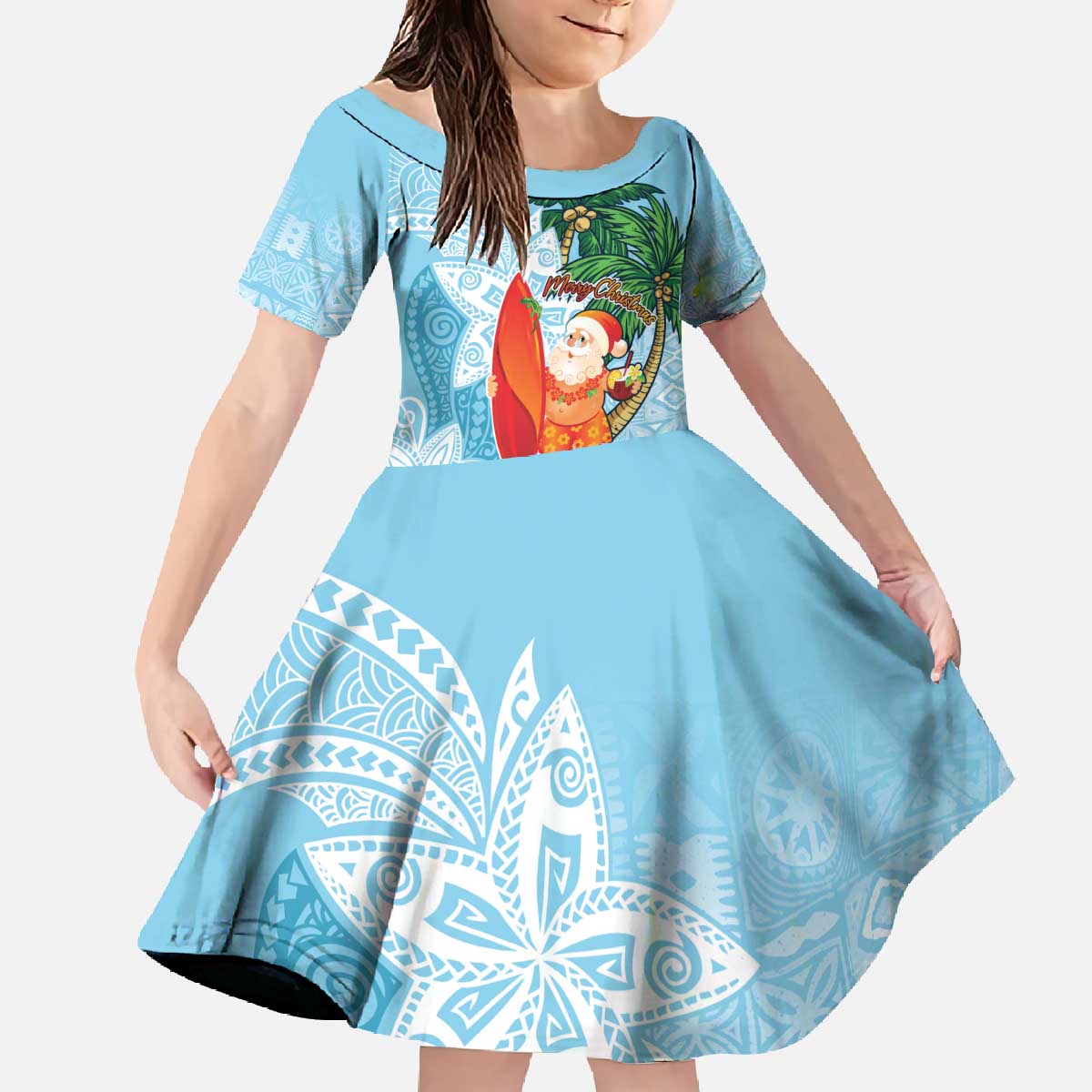 Polynesian Family Matching Off The Shoulder Long Sleeve Dress and Hawaiian Shirt Tropical Santa - Plumeria Turquoise Vintage LT7 Daughter's Dress Turquoise - Polynesian Pride