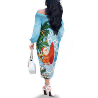 Polynesian Family Matching Off The Shoulder Long Sleeve Dress and Hawaiian Shirt Tropical Santa - Plumeria Turquoise Vintage LT7 - Polynesian Pride