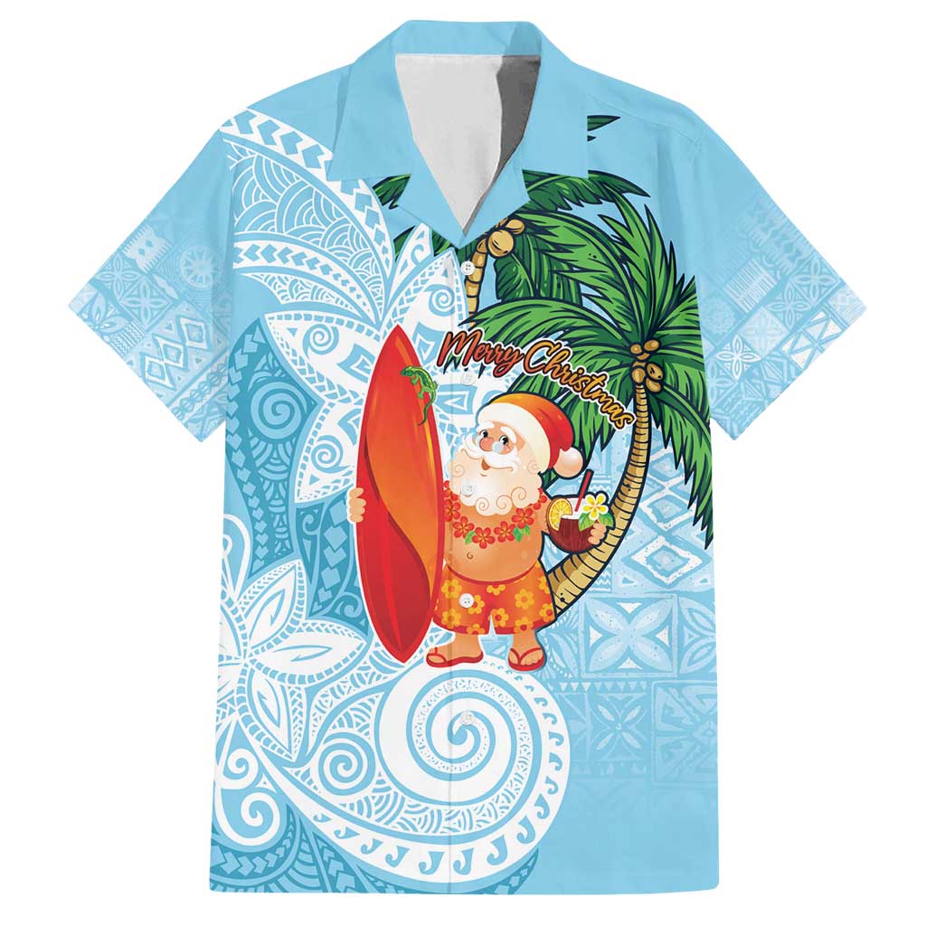 Polynesian Family Matching Off Shoulder Short Dress and Hawaiian Shirt Tropical Santa - Plumeria Turquoise Vintage