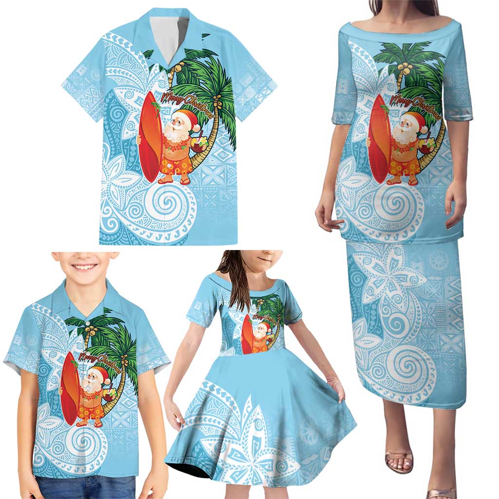 Polynesian Family Matching Puletasi and Hawaiian Shirt Tropical Santa - Plumeria Turquoise Vintage LT7 - Polynesian Pride