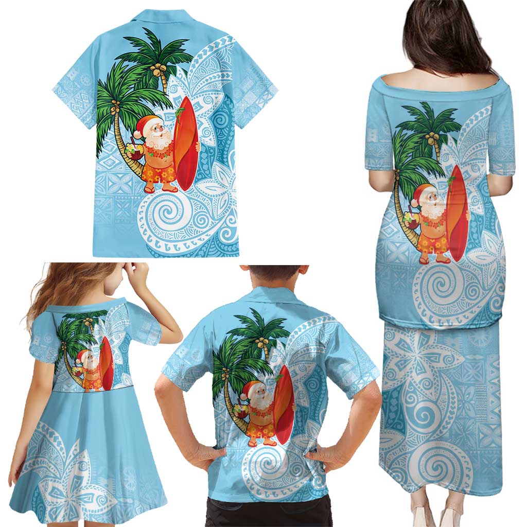 Polynesian Family Matching Puletasi and Hawaiian Shirt Tropical Santa - Plumeria Turquoise Vintage LT7 - Polynesian Pride