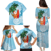 Polynesian Family Matching Puletasi and Hawaiian Shirt Tropical Santa - Plumeria Turquoise Vintage LT7 - Polynesian Pride