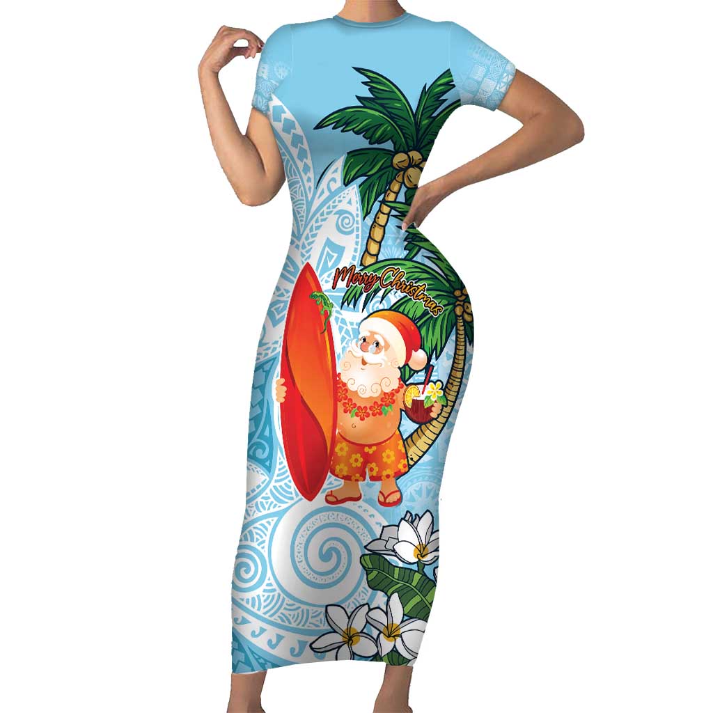 Polynesian Family Matching Short Sleeve Bodycon Dress and Hawaiian Shirt Tropical Santa - Plumeria Turquoise Vintage LT7 Mom's Dress Turquoise - Polynesian Pride