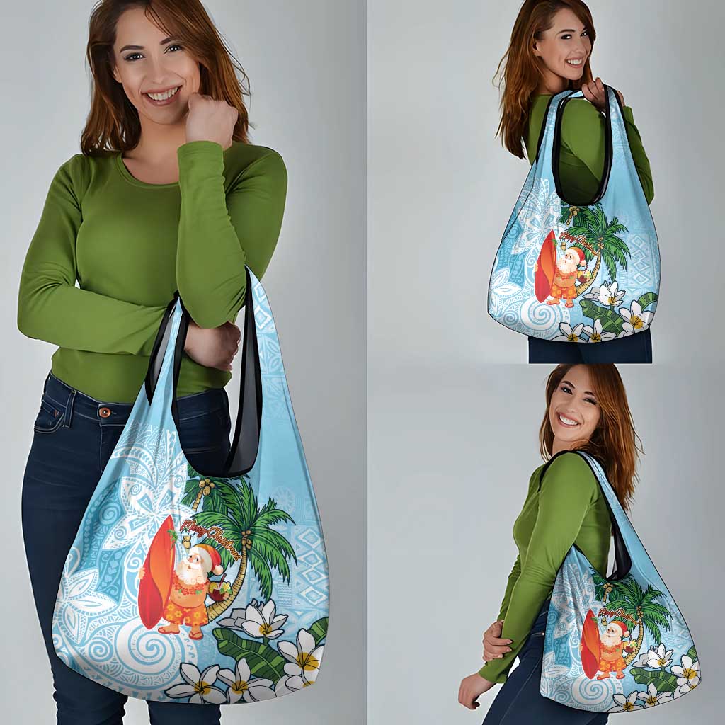 Polynesian Grocery Bag Tropical Santa - Plumeria Turquoise Vintage