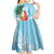 Polynesian Kid Short Sleeve Dress Tropical Santa - Plumeria Turquoise Vintage