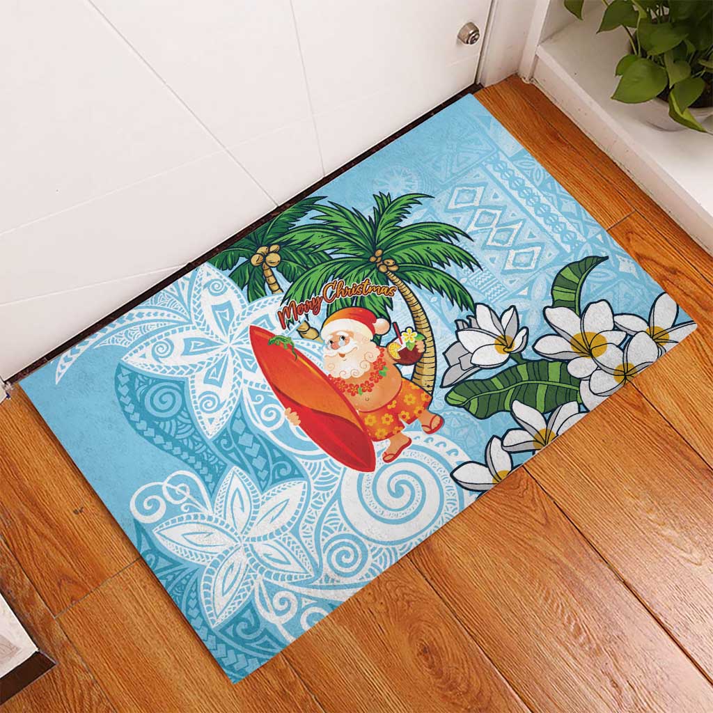 Polynesian Rubber Doormat Tropical Santa - Plumeria Turquoise Vintage