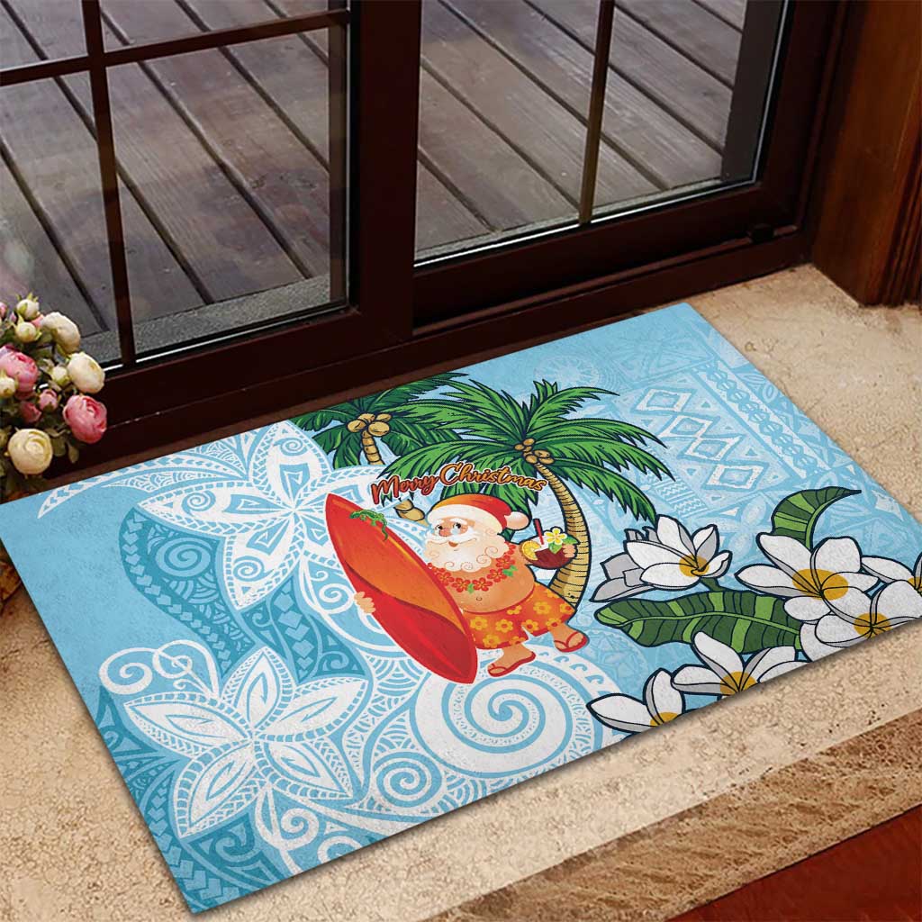 Polynesian Rubber Doormat Tropical Santa - Plumeria Turquoise Vintage