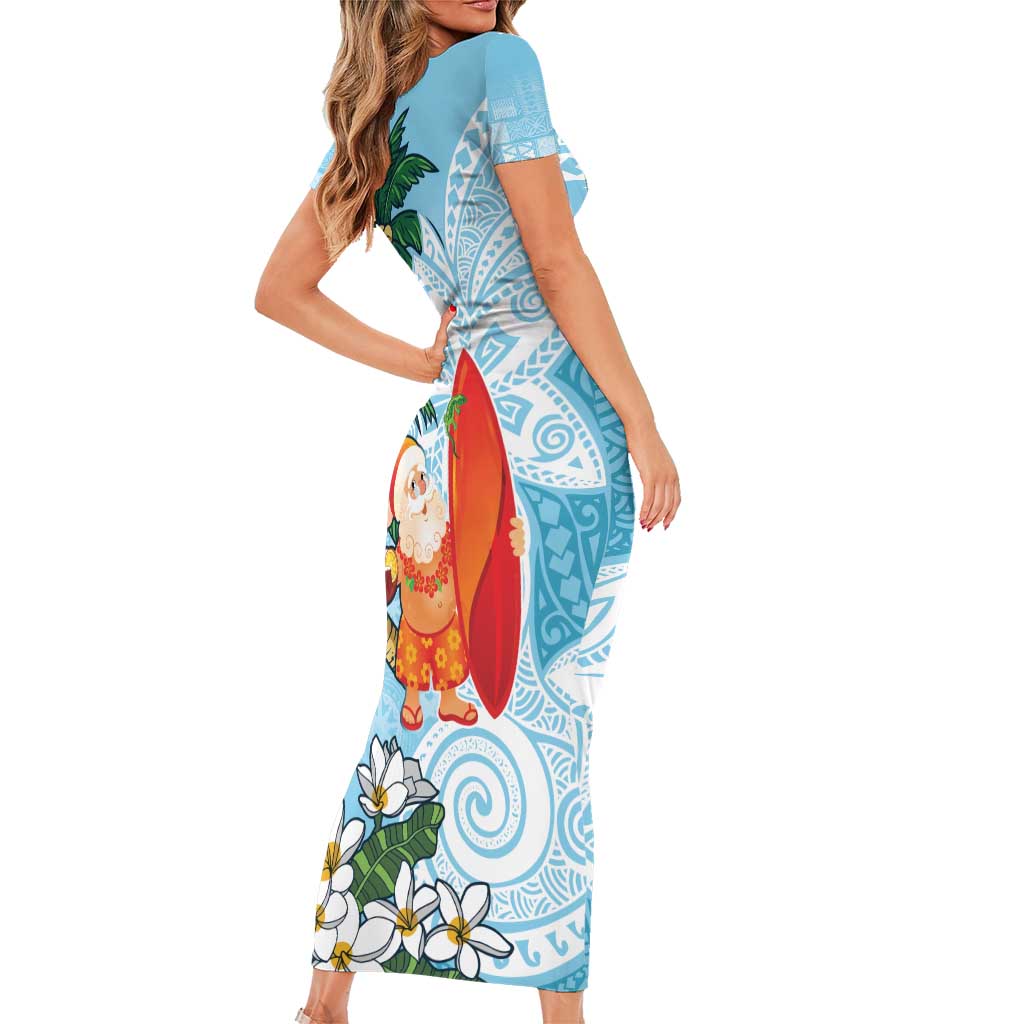 Polynesian Short Sleeve Bodycon Dress Tropical Santa - Plumeria Turquoise Vintage