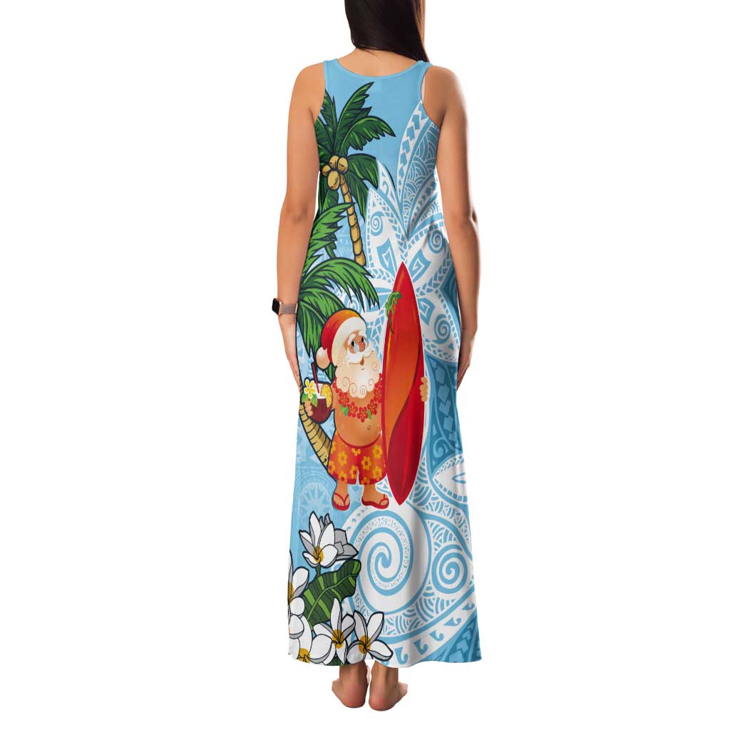 Polynesian Tank Maxi Dress Tropical Santa - Plumeria Turquoise Vintage