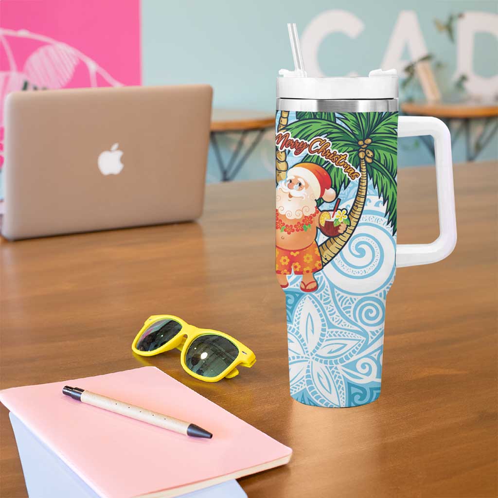 Polynesian Tumbler With Handle Tropical Santa - Plumeria Turquoise Vintage