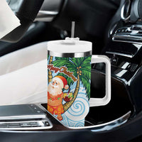 Polynesian Tumbler With Handle Tropical Santa - Plumeria Turquoise Vintage