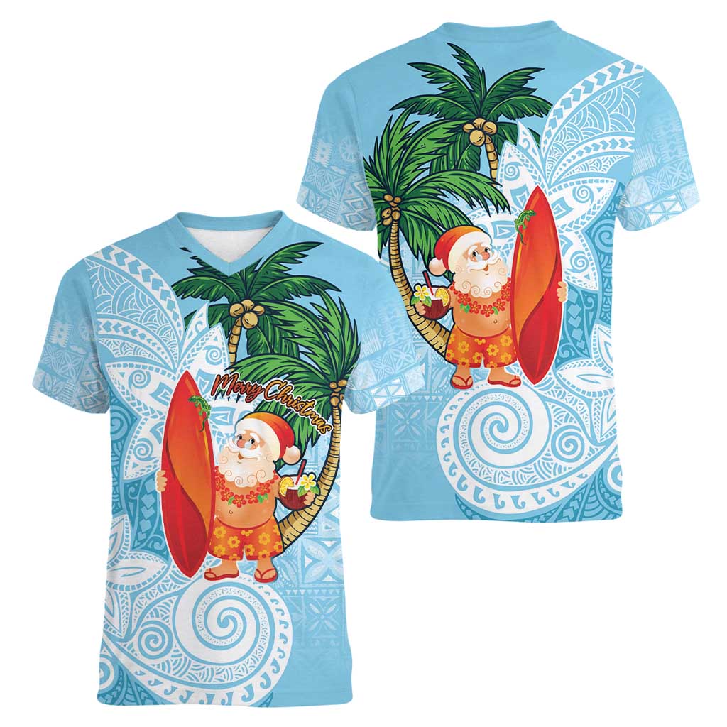 Polynesian Women V-Neck T-Shirt Tropical Santa - Plumeria Turquoise Vintage