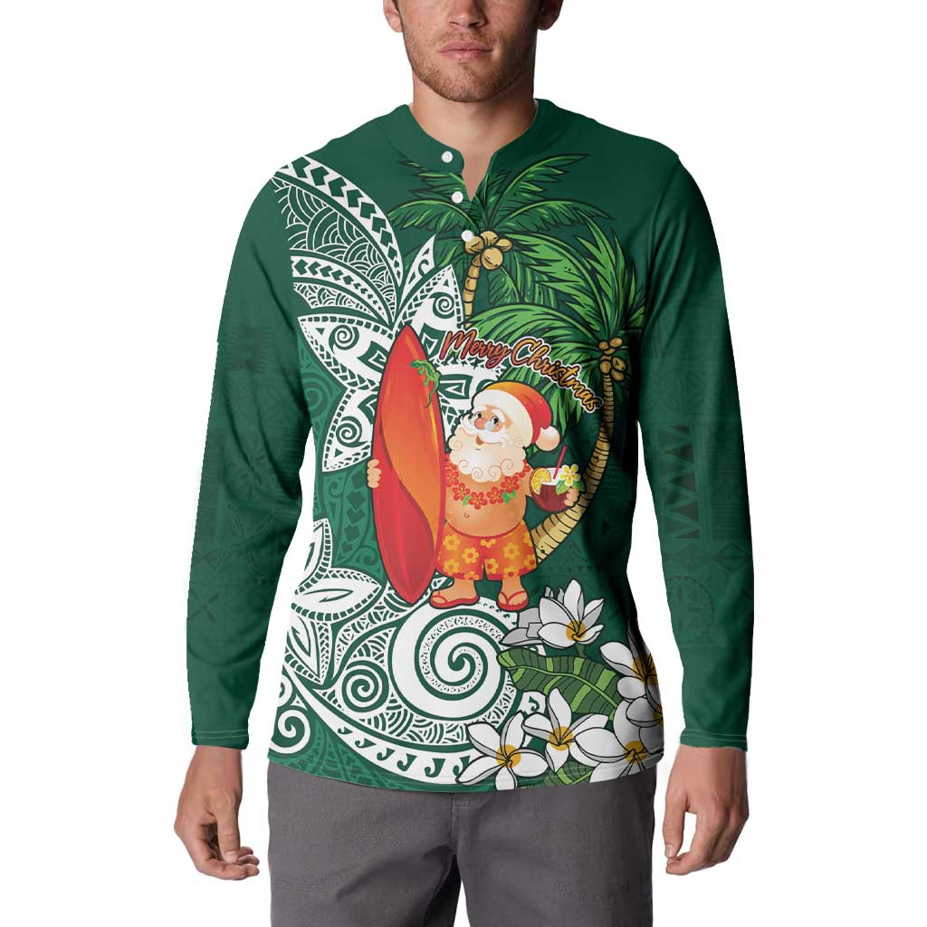 Polynesian Button Sweatshirt Tropical Santa - Plumeria Green Vintage