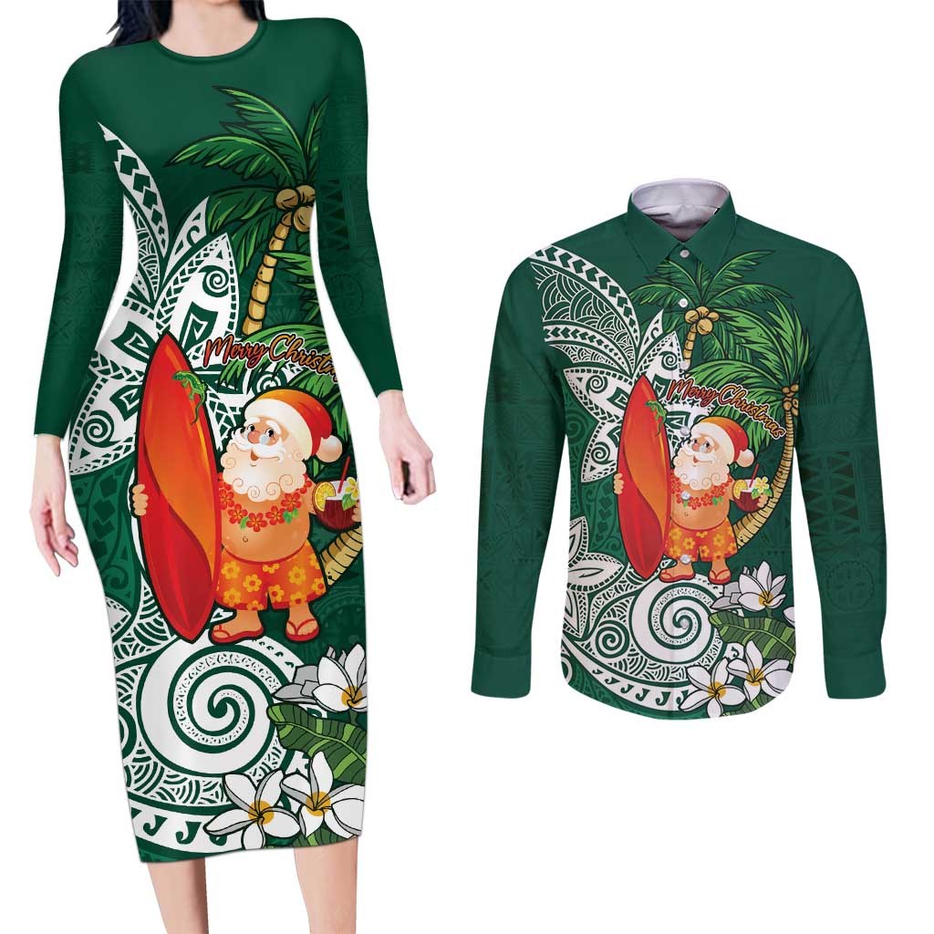 Polynesian Couples Matching Long Sleeve Bodycon Dress and Long Sleeve Button Shirt Tropical Santa - Plumeria Green Vintage LT7 Green - Polynesian Pride