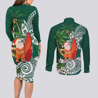 Polynesian Couples Matching Long Sleeve Bodycon Dress and Long Sleeve Button Shirt Tropical Santa - Plumeria Green Vintage LT7 - Polynesian Pride