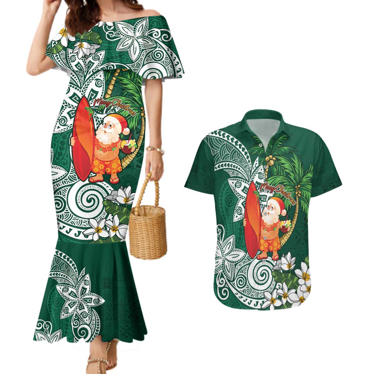 Polynesian Couples Matching Mermaid Dress and Hawaiian Shirt Tropical Santa - Plumeria Green Vintage