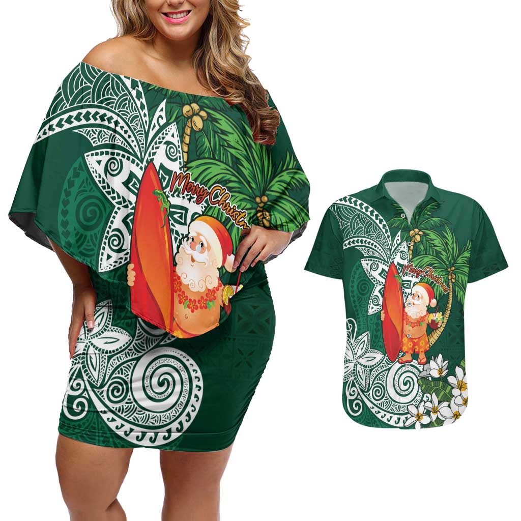 Polynesian Couples Matching Off Shoulder Short Dress and Hawaiian Shirt Tropical Santa - Plumeria Green Vintage LT7 Green - Polynesian Pride