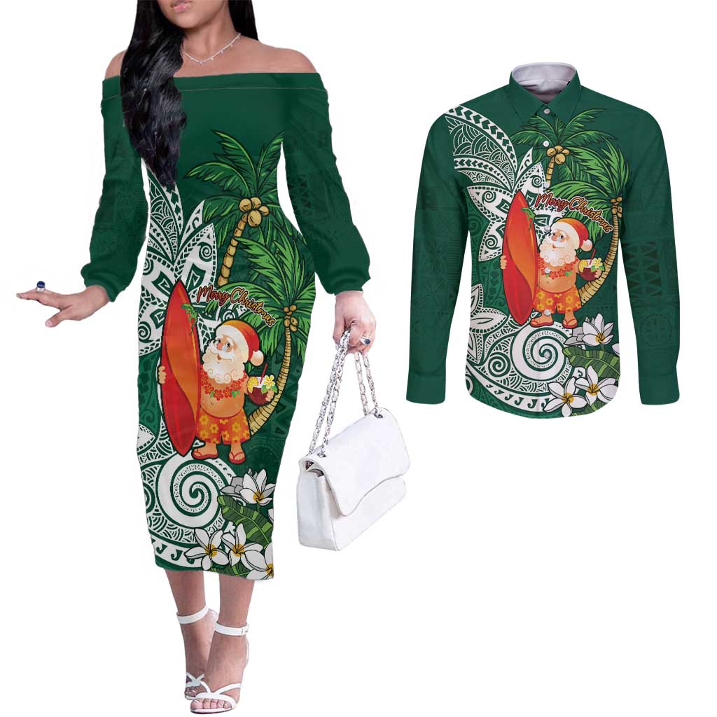 Polynesian Couples Matching Off The Shoulder Long Sleeve Dress and Long Sleeve Button Shirt Tropical Santa - Plumeria Green Vintage LT7 Green - Polynesian Pride