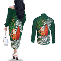 Polynesian Couples Matching Off The Shoulder Long Sleeve Dress and Long Sleeve Button Shirt Tropical Santa - Plumeria Green Vintage LT7 - Polynesian Pride