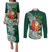 Polynesian Couples Matching Puletasi and Long Sleeve Button Shirt Tropical Santa - Plumeria Green Vintage LT7 Green - Polynesian Pride