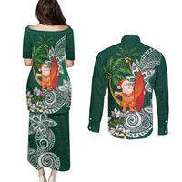 Polynesian Couples Matching Puletasi and Long Sleeve Button Shirt Tropical Santa - Plumeria Green Vintage LT7 - Polynesian Pride