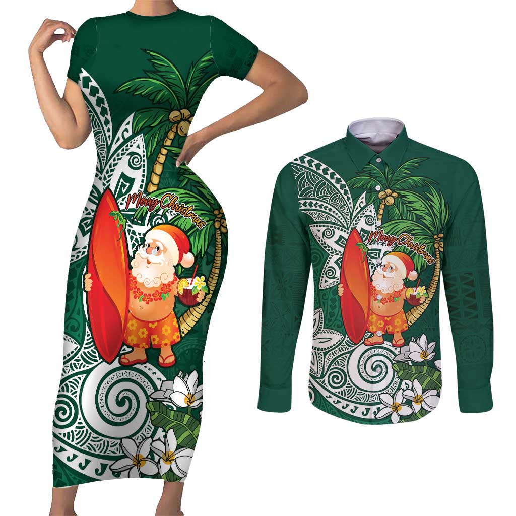 Polynesian Couples Matching Short Sleeve Bodycon Dress and Long Sleeve Button Shirt Tropical Santa - Plumeria Green Vintage LT7 Green - Polynesian Pride