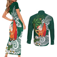 Polynesian Couples Matching Short Sleeve Bodycon Dress and Long Sleeve Button Shirt Tropical Santa - Plumeria Green Vintage LT7 - Polynesian Pride