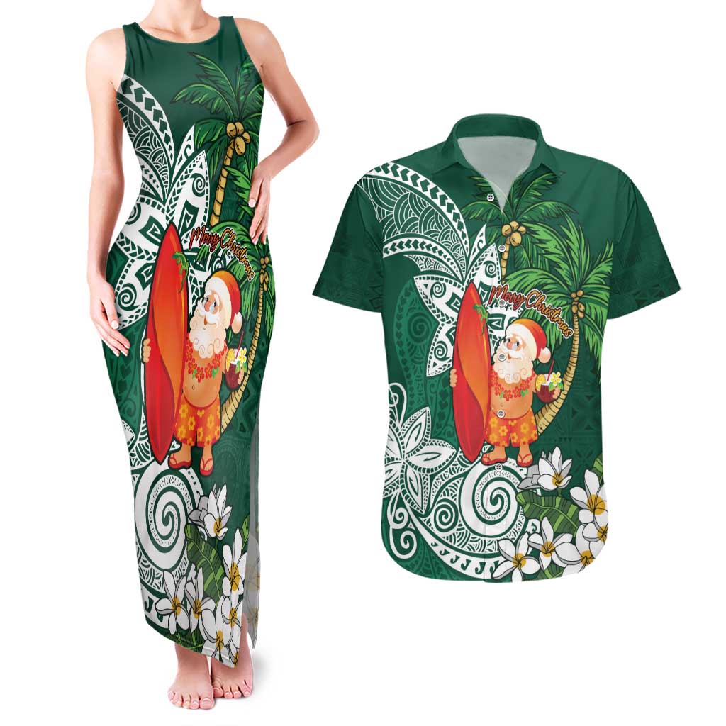 Polynesian Couples Matching Tank Maxi Dress and Hawaiian Shirt Tropical Santa - Plumeria Green Vintage LT7 Green - Polynesian Pride